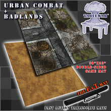 Load image into Gallery viewer, 30”x22”’ gaming mat with Urban Combat City Badlands dirt rocky field theme, marketed for tabletop gaming, accompanied by a black canvas zipper bag TableWar neoprene KillTeam Tournament Tabletop Game mat