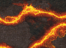 Load image into Gallery viewer, 30”x22”’ gaming mat with Volcanic Tomb Lava theme, marketed for tabletop gaming, accompanied by a black canvas zipper bag TableWar neoprene KillTeam Tournament Tabletop Game mat