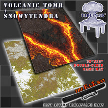 Load image into Gallery viewer, 30”x22”’ gaming mat with a Lava Volcanic Tomb Snowy Tundra theme, marketed for tabletop gaming, accompanied by a black canvas zipper bag TableWar neoprene KillTeam Tournament Tabletop Game mat