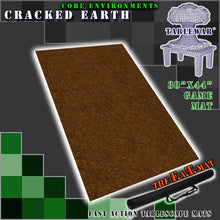 Load image into Gallery viewer, 30”x44”’ gaming mat with a Cracked Earth dirt field core environments theme, marketed for tabletop gaming, accompanied by a black canvas zipper bag TableWar neoprene Tournament Tabletop Game mat