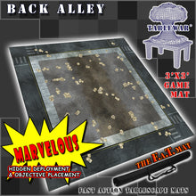 Load image into Gallery viewer, A 3x3 gaming mat with a Back Alley theme, featuring a city street with marketed for tabletop gaming, accompanied by a black canvas zipper bag TableWar neoprene Tournament Tabletop Game mat