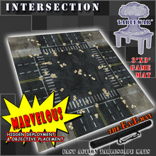 Load image into Gallery viewer, 3’x3’ gaming mat with a Intersection city streets blocks theme, marketed for tabletop gaming, accompanied by a black canvas zipper bag TableWar neoprene Marvel Tournament Tabletop Game mat
