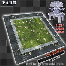 Load image into Gallery viewer, A 3x3 gaming mat with a Park Grassy theme, featuring a city street with marketed for tabletop gaming, accompanied by a black canvas zipper bag TableWar neoprene Tournament Tabletop Game mat