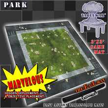 Load image into Gallery viewer, 3x3 gaming mat with a Park Grassy theme, featuring a city street with marketed for tabletop gaming, accompanied by a black canvas zipper bag TableWar neoprene Tournament Tabletop Game mat