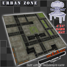 Load image into Gallery viewer, 4’x4’ gaming mat with a City Blocks Urban theme, marketed for tabletop gaming, accompanied by a black canvas zipper bag TableWar neoprene Tournament Tabletop Game mat