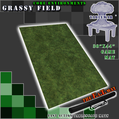 30”x44”’ gaming mat with a Grassy Field Core Environment theme, marketed for tabletop gaming, accompanied by a black canvas zipper bag TableWar neoprene Tournament Tabletop Game mat 