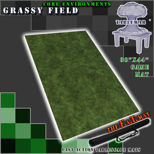 30”x44”’ gaming mat with a Grassy Field Core Environment theme, marketed for tabletop gaming, accompanied by a black canvas zipper bag TableWar neoprene Tournament Tabletop Game mat 
