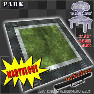 3x3 gaming mat with a Park Grassy theme, featuring a city street with marketed for tabletop gaming, accompanied by a black canvas zipper bag TableWar neoprene Marvel Tournament Tabletop Game mat
