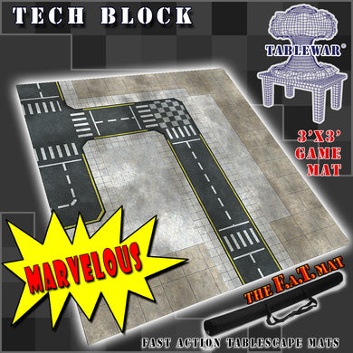 3x3 gaming mat with a Tech City Block theme, featuring a city street with marketed for tabletop gaming, accompanied by a black canvas zipper bag TableWar neoprene Marvel Tournament Tabletop Game mat