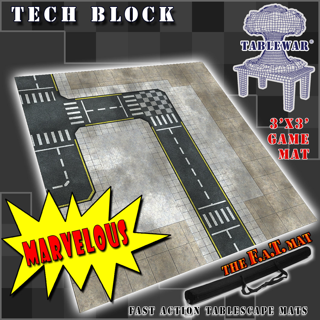 3x3 gaming mat with a Tech City Block theme, featuring a city street with marketed for tabletop gaming, accompanied by a black canvas zipper bag TableWar neoprene Marvel Tournament Tabletop Game mat