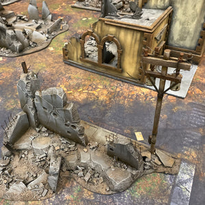 60x44 inch gaming mat with a Ruined city Urban theme, marketed for tabletop gaming, a black canvas zipper bag included. A TableWar neoprene Tournament Tabletop warhammer Game Battle mat 
