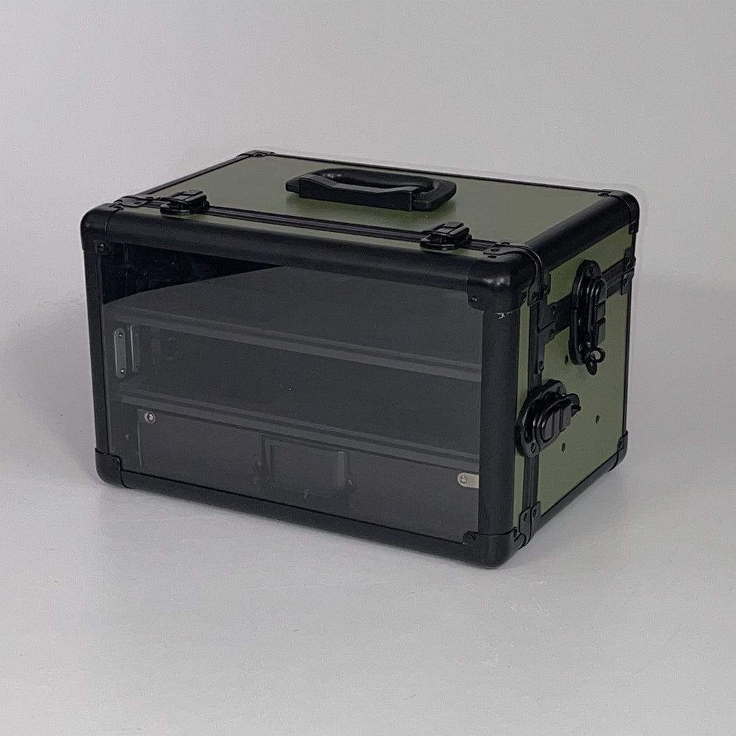 Olive Green on Black TableWar Modular Mini-Size Display Tower Case Mark3 for hobby miniature wargaming storage and transport