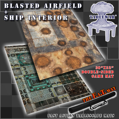 30”x22”’ gaming mat with a Blasted Airfield Ship Interior theme, marketed for tabletop gaming, accompanied by a black canvas zipper bag TableWar neoprene KillTeam Tournament Tabletop Game mat