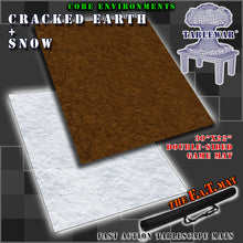 Load image into Gallery viewer, 30”x22”’ Double-sided gaming mat with a Cracked Earth Dirt field Snow theme, marketed for tabletop gaming, accompanied by a black canvas zipper bag TableWar neoprene Tournament Tabletop Game mat 
