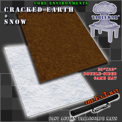 30”x22”’ Double-sided gaming mat with a Cracked Earth Dirt field Snow theme, marketed for tabletop gaming, accompanied by a black canvas zipper bag TableWar neoprene Tournament Tabletop Game mat 