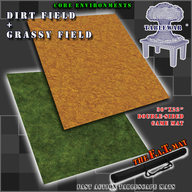 Double-sided gaming mat with one side showing a dirt field and the other side showing a grassy field. The mat is 30x22 inches and marketed for tabletop gaming, accompanied by a black canvas zipper bag. TableWar neoprene KillTeam Tournament Tabletop Game mat