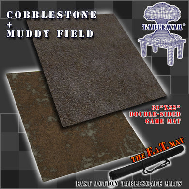 30”x22”’ gaming mat with a Cobblestone Muddy Field theme, marketed for tabletop gaming, accompanied by a black canvas zipper bag TableWar neoprene KillTeam Tournament Tabletop Game mat 