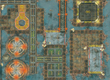 Load image into Gallery viewer, 30”x22”’ gaming mat with a Industrial City theme, marketed for tabletop gaming, accompanied by a black canvas zipper bag TableWar neoprene KillTeam Tournament Tabletop Game mat 

