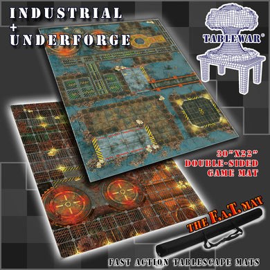 A promotional image featuring a 30x22 inch double-sided gaming mat with 'Industrial' and 'Underforge' themes, accompanied by a black canvas zipper bag TableWar neoprene KillTeam Tournament Tabletop Game mat 