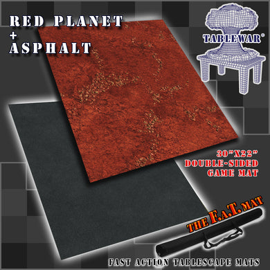 30”x22”’ gaming mat with a Red Planet Mars Asphalt theme, marketed for tabletop gaming, accompanied by a black canvas zipper bag TableWar neoprene KillTeam Tournament Tabletop Game mat