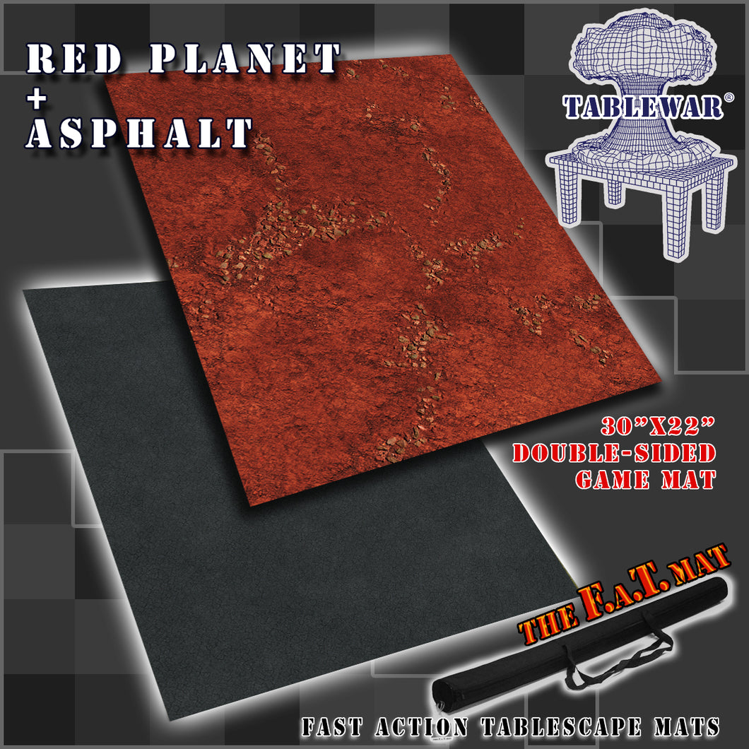 30”x22”’ gaming mat with a Red Planet Mars Asphalt theme, marketed for tabletop gaming, accompanied by a black canvas zipper bag TableWar neoprene KillTeam Tournament Tabletop Game mat
