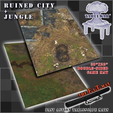 30”x22”’ gaming mat with a Ruined City Jungle Swamp theme, marketed for tabletop gaming, accompanied by a black canvas zipper bag TableWar neoprene KillTeam Tournament Tabletop Game mat