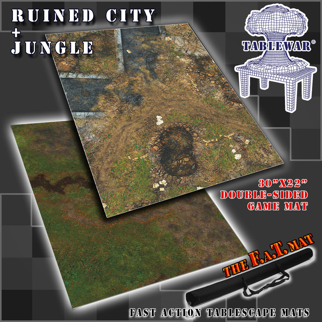 30”x22”’ gaming mat with a Ruined City Jungle Swamp theme, marketed for tabletop gaming, accompanied by a black canvas zipper bag TableWar neoprene KillTeam Tournament Tabletop Game mat