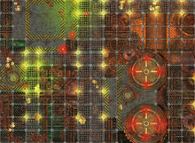 Load image into Gallery viewer, 30”x22”’ gaming mat with a Underforge City theme, marketed for tabletop gaming, accompanied by a black canvas zipper bag TableWar neoprene KillTeam Tournament Tabletop Game mat 
