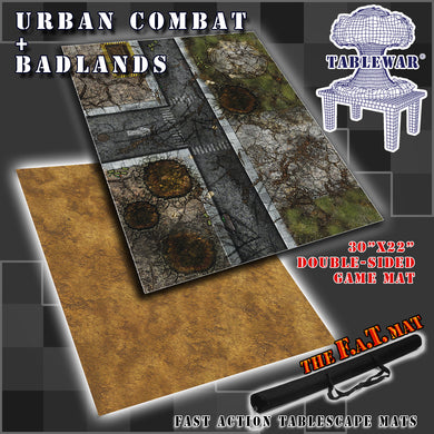 30”x22”’ gaming mat with Urban Combat City Badlands dirt rocky field theme, marketed for tabletop gaming, accompanied by a black canvas zipper bag TableWar neoprene KillTeam Tournament Tabletop Game mat
