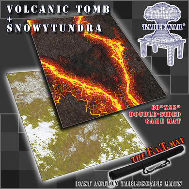 30”x22”’ gaming mat with a Lava Volcanic Tomb Snowy Tundra theme, marketed for tabletop gaming, accompanied by a black canvas zipper bag TableWar neoprene KillTeam Tournament Tabletop Game mat
