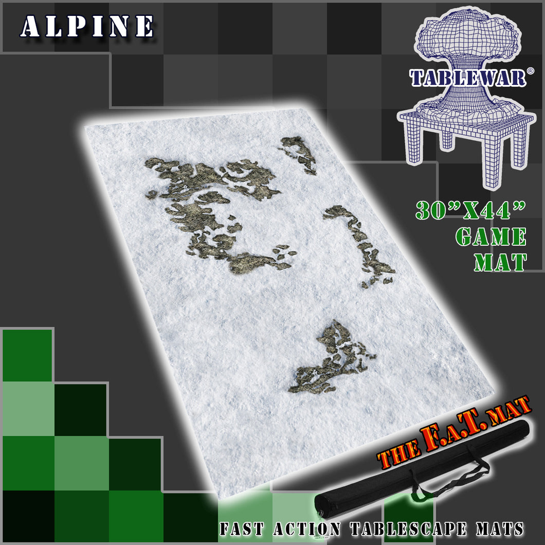 30”x44”’ gaming mat with a Alpine Snow winter theme, marketed for tabletop gaming, accompanied by a black canvas zipper bag TableWar neoprene Tournament Tabletop Game mat 