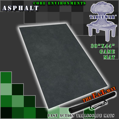 30”x44”’ gaming mat with a Asphalt cement pavement theme, marketed for tabletop gaming, accompanied by a black canvas zipper bag TableWar neoprene Tournament Tabletop Game mat