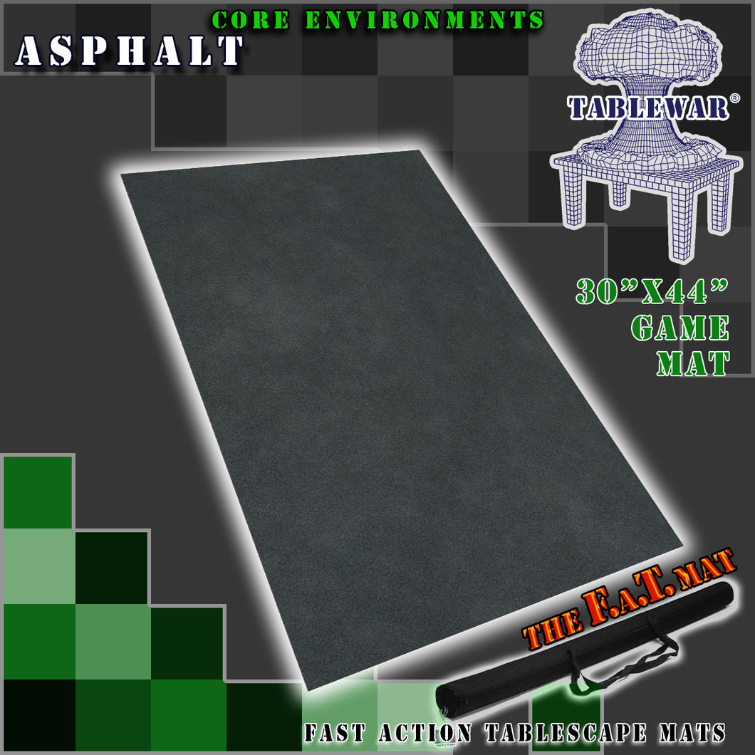 30”x44”’ gaming mat with a Asphalt cement pavement theme, marketed for tabletop gaming, accompanied by a black canvas zipper bag TableWar neoprene Tournament Tabletop Game mat
