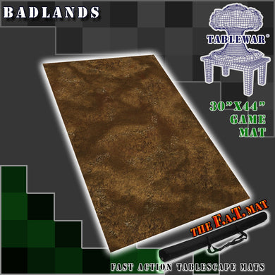 30”x44”’ gaming mat with a Badlands Rocky Dirt Cave Floor theme, marketed for tabletop gaming, accompanied by a black canvas zipper bag TableWar neoprene Tournament Tabletop Game mat 