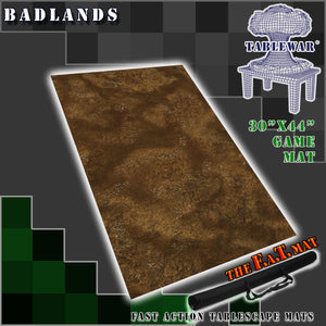 30”x44”’ gaming mat with a Badlands Rocky Dirt Cave Floor theme, marketed for tabletop gaming, accompanied by a black canvas zipper bag TableWar neoprene Tournament Tabletop Game mat 