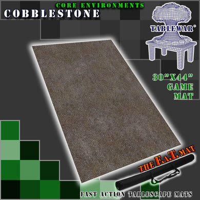 30”x44”’ gaming mat with a Cobblestone core environment theme, marketed for tabletop gaming, accompanied by a black canvas zipper bag TableWar neoprene Tournament Tabletop Game mat 