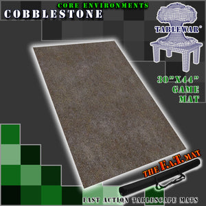 30”x44”’ gaming mat with a Cobblestone core environment theme, marketed for tabletop gaming, accompanied by a black canvas zipper bag TableWar neoprene Tournament Tabletop Game mat 