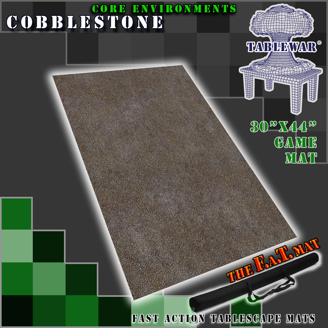 30”x44”’ gaming mat with a Cobblestone core environment theme, marketed for tabletop gaming, accompanied by a black canvas zipper bag TableWar neoprene Tournament Tabletop Game mat 