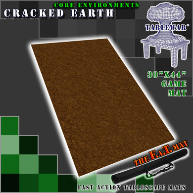 30”x44”’ gaming mat with a Cracked Earth dirt field core environments theme, marketed for tabletop gaming, accompanied by a black canvas zipper bag TableWar neoprene Tournament Tabletop Game mat 