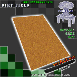 30”x44”’ gaming mat with a Dirt Field core environment theme, marketed for tabletop gaming, accompanied by a black canvas zipper bag TableWar neoprene Tournament Tabletop Game mat