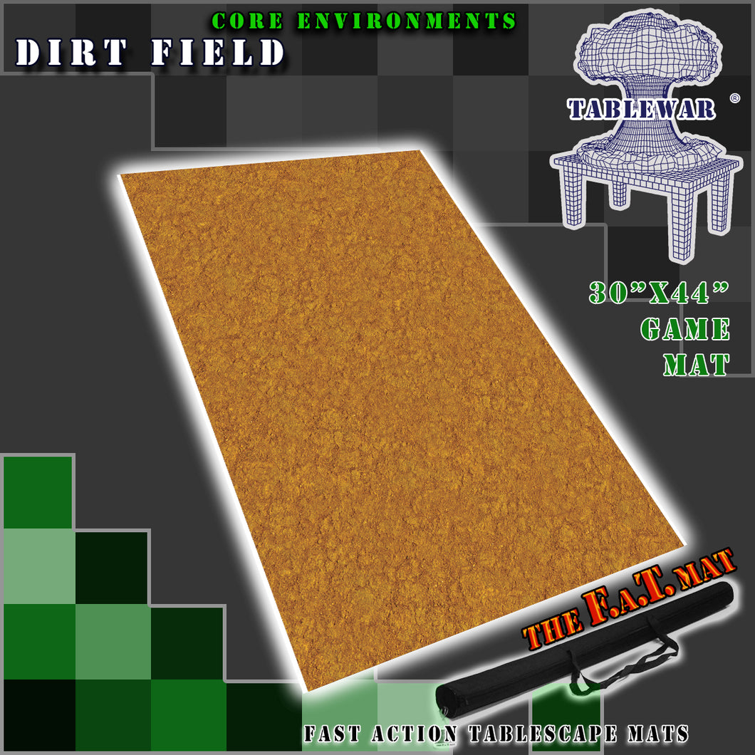 30”x44”’ gaming mat with a Dirt Field core environment theme, marketed for tabletop gaming, accompanied by a black canvas zipper bag TableWar neoprene Tournament Tabletop Game mat
