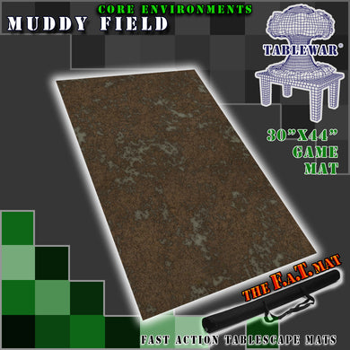 30”x44”’ gaming mat with a Muddy Field theme, marketed for tabletop gaming, accompanied by a black canvas zipper bag TableWar neoprene Tournament Tabletop Game mat 