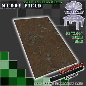 30”x44”’ gaming mat with a Muddy Field theme, marketed for tabletop gaming, accompanied by a black canvas zipper bag TableWar neoprene Tournament Tabletop Game mat 