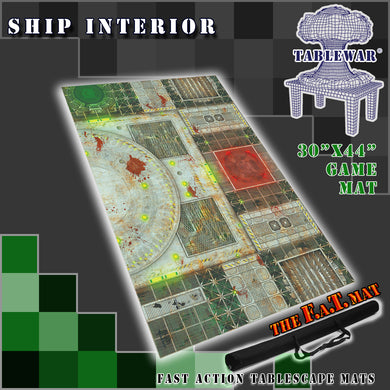 30”x44”’ gaming mat with a Ship Interior Industrial theme, marketed for tabletop gaming, accompanied by a black canvas zipper bag TableWar neoprene Tournament Tabletop Game mat