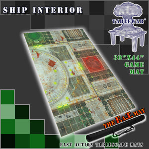 30”x44”’ gaming mat with a Ship Interior Industrial theme, marketed for tabletop gaming, accompanied by a black canvas zipper bag TableWar neoprene Tournament Tabletop Game mat