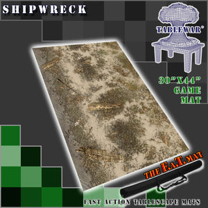 30”x44”’ gaming mat with a Shipwreck shore beach theme, marketed for tabletop gaming, accompanied by a black canvas zipper bag TableWar neoprene Tournament Tabletop Game mat 