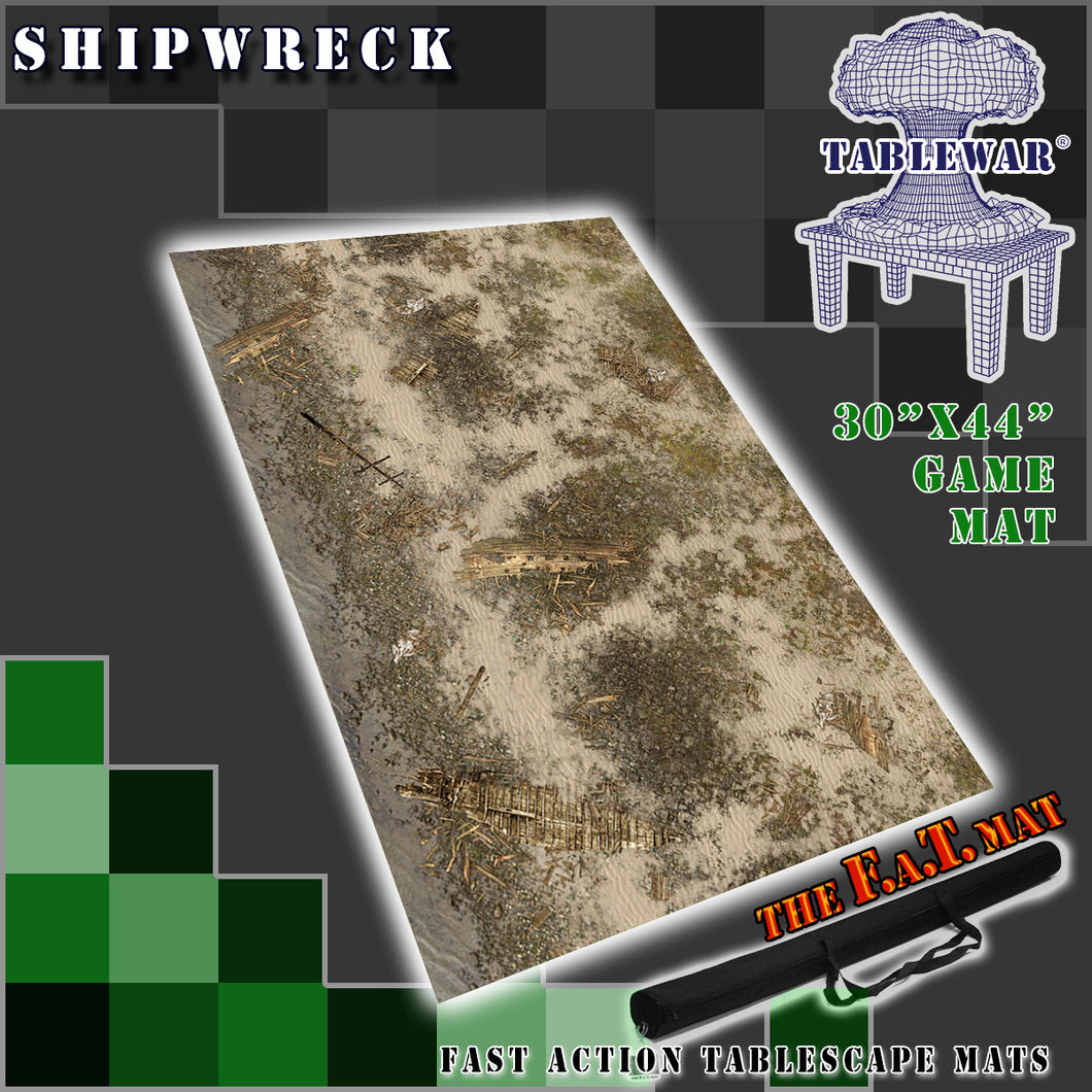 30”x44”’ gaming mat with a Shipwreck shore beach theme, marketed for tabletop gaming, accompanied by a black canvas zipper bag TableWar neoprene Tournament Tabletop Game mat 