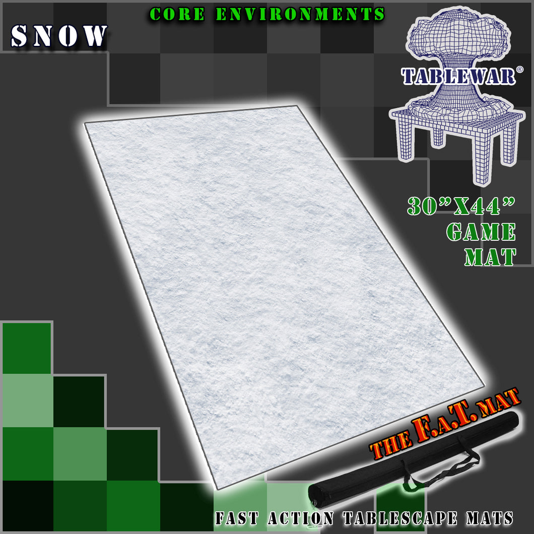 30”x44”’ gaming mat with a Snow winter core environment theme, marketed for tabletop gaming, accompanied by a black canvas zipper bag TableWar neoprene Tournament Tabletop Game mat