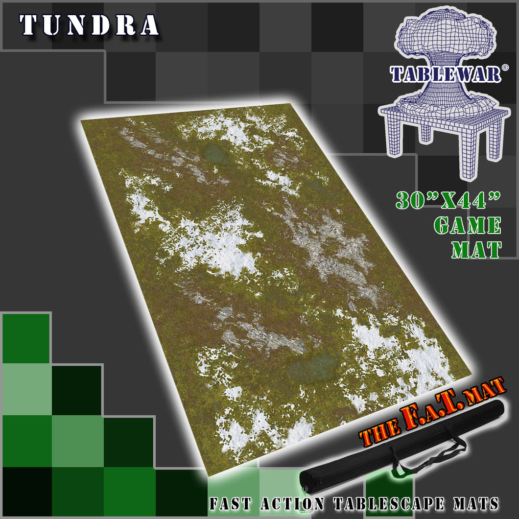 30”x44”’ gaming mat with a Tundra theme, marketed for tabletop gaming, accompanied by a black canvas zipper bag TableWar neoprene Tournament Tabletop Game mat 