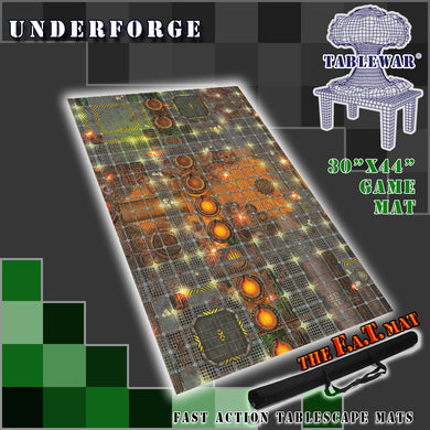 30”x44”’ gaming mat with a Underforge Industrial City theme, marketed for tabletop gaming, accompanied by a black canvas zipper bag TableWar neoprene Tournament Tabletop Game mat